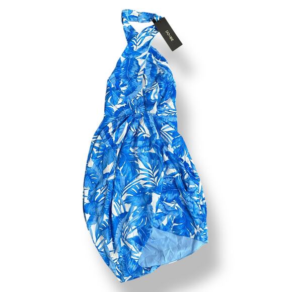 DO+BE‎ NWT Tropical Halter Mini Dress Blue White Leaf Print Back Tie Medium - Picture 1 of 11
